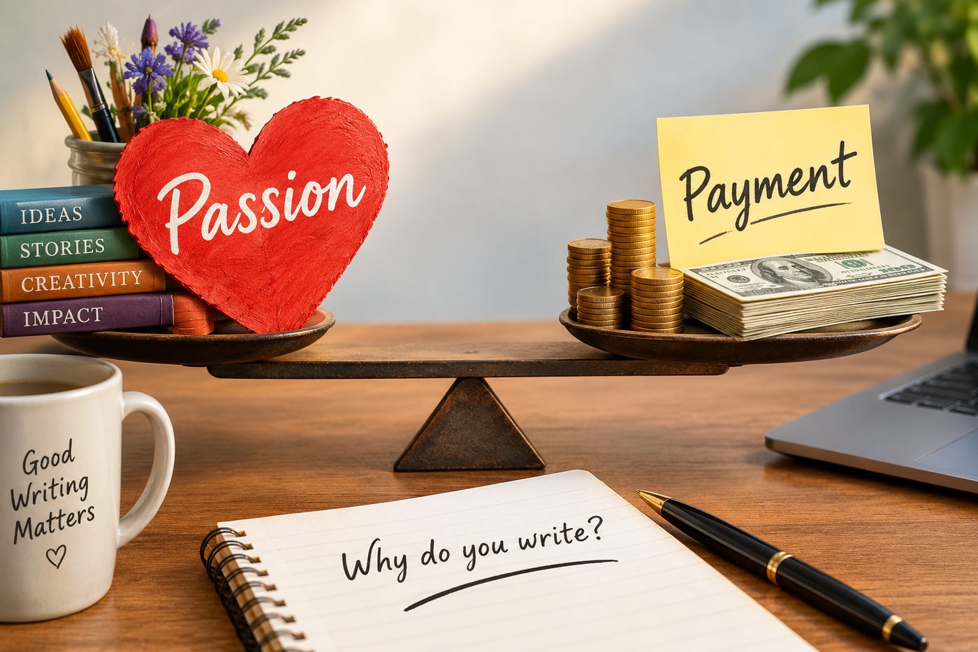 A balance scale on a writer's desk weighs a red heart labeled Passion against stacked coins and cash labeled Payment, beside a notebook that asks, Why do you write?